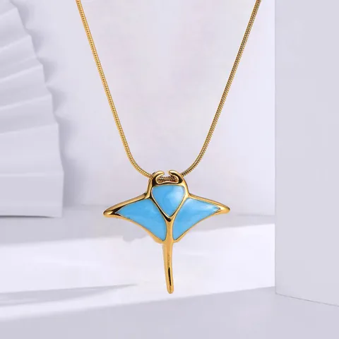Ozean Mantarochen Edelstahl Anhänger Halskette Für Damen Mode Himmelblau Emaille Vergoldete Schlangenkette Schmuck Geschenk