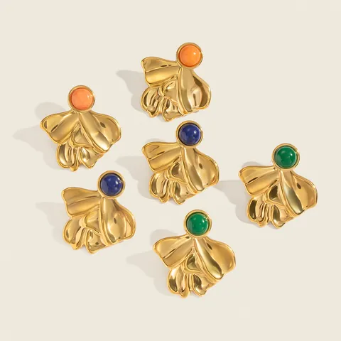 Orecchini a Bottone in Acciaio Inossidabile a Forma di Ventaglio Irregolare per Donna Placcati in Oro 18K Vintage con Intarsi in Pietra Naturale Gioielli Regalo