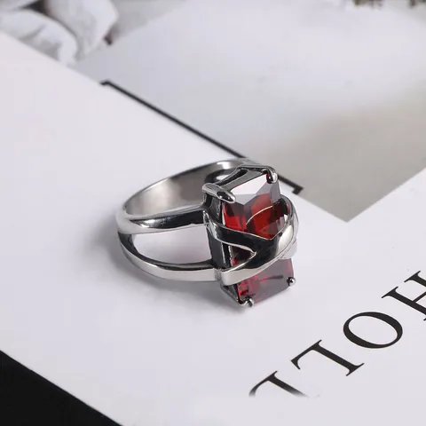 Vintage Roestvrijstalen Ring Met Grote Rechthoekige Rode Edelsteen En Verweven Holle Band Mode-sieraden