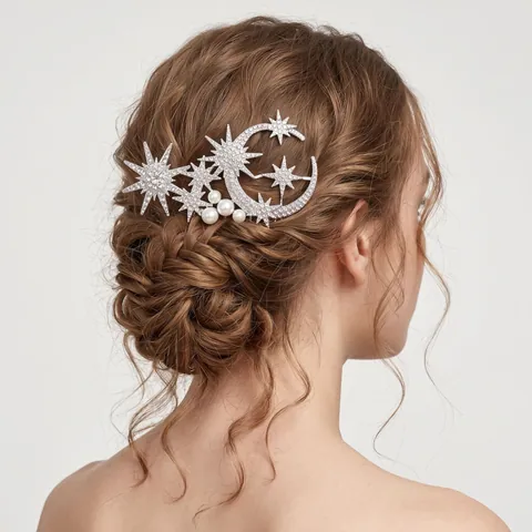 Lussuoso Pettine Capelli Sposa in Lega Argento Luna Stella Con Strass E Perla Artificiale Elegante Copricapo Matrimonio Gioielli Donna