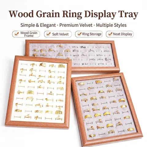 Wood Jewelry Ring Display Tray Organizer Velvet Multiple Slots Stud Earrings Storage Box Countertop Showcase Case