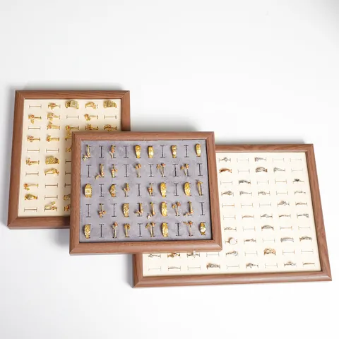 Walnuss Holzfurnier Samt Schmuck Display Tablett Große Kapazität Ring Ohrring Organizer Aufbewahrungsbox Für Ladentheke Einzelhandel Requisiten