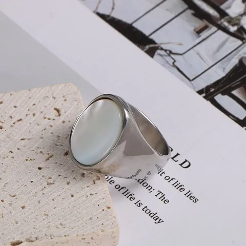 Roestvrijstalen Ring Met Kunstparelmoer Ovaal Breed Zegelring Mode Sieraden Voor Dames Heren