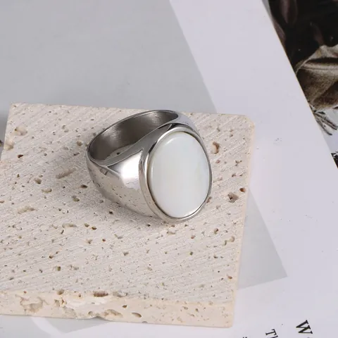 Roestvrijstalen Ring Met Kunstparelmoer Ovaal Breed Zegelring Mode Sieraden Voor Dames Heren