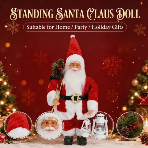 Staande Kerstman Figuur Decoratie Met Lantaarn En Cadeauzak Rood Fluwelen Pak Kerstversiering Voor Huisfeest Cadeau