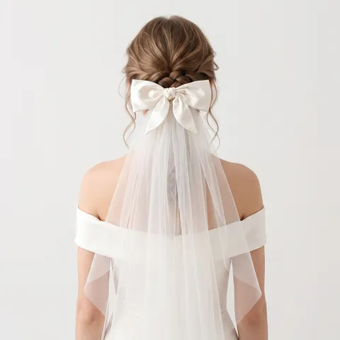 Élégant Voile de Mariée Blanc Avec Nœud Double Couche en Maille Satinée Accessoire de Cheveux pour Mariage Princesse