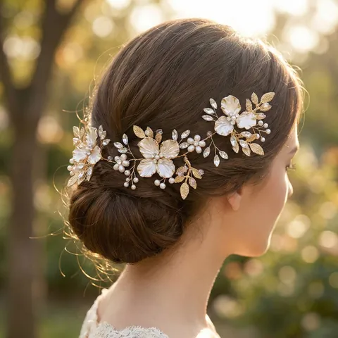 Peine de Pelo de Novia Dorado Hecho a Mano Con Diseño de Flor y Hoja de Perla Artificial Strass Joyería de Boda Mujer