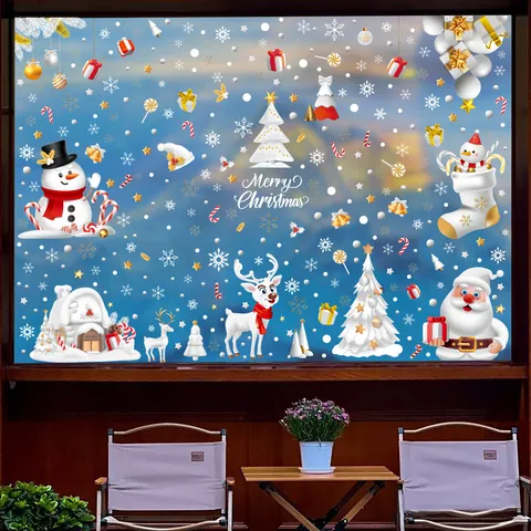 Adesivi Statici Finestra Natale PVC Colore Doppio Lato Riutilizzabile Babbo Natale Pupazzo Di Neve Renna Decoro Vetro