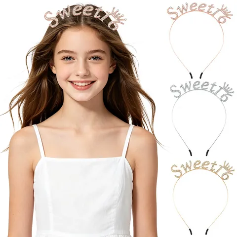 Cerchietto Compleanno Sweet 16 Corona Strass Lettere Tiara Lega Accessori Capelli per Ragazze Festa Oro Argento Oro Rosa