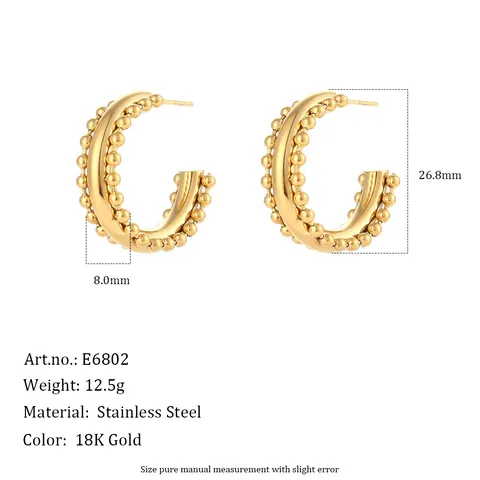 Edelstahl Creolen 18K Vergoldet Perlenrand C-Form Boho Retro Stil Schmuck Für Damen