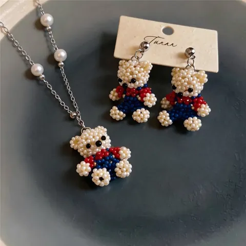 Korean Style Beaded Bear Pendant Necklace And Stud Earrings For Women Cute Hand Woven Glass Artificial Pearl Jewelry With 925 Sterling Silver Post