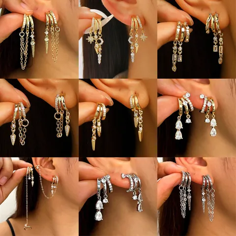 Bohemian Copper Zirconia Tassel Hoop Earrings For Women Inlaid Gold Plated Geometric Star Moon C-shaped Dangle Earrings