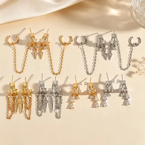Copper Zirconia Multi-Layer Tassel Chain C-Shape Hoop Earrings Individualistic Punk Spike Rivet Dangle Jewelry For Women