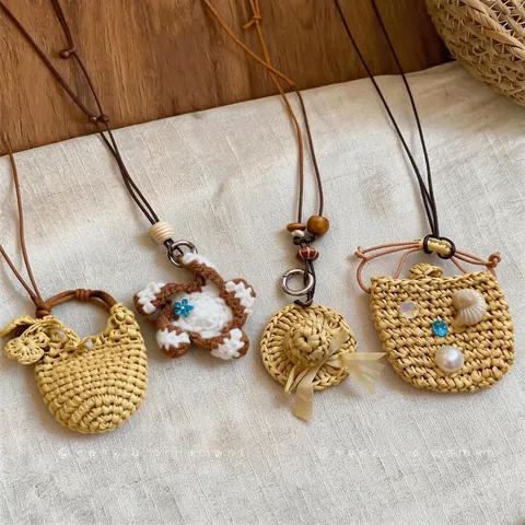 Bohemian Vacation Style Hand Woven Straw Hat Mini Bag Pendant Necklace Handmade Wood Bead Leather Cord Necklace For Women