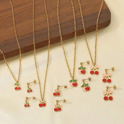 Collier Et Boucles D'oreilles Cerise Bijoux Acier Inoxydable Émail Thème Fruit Doux Accessoire Mode Pour Femme