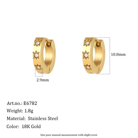 Boucles D'oreilles Créoles Huggie En Acier Inoxydable Plaqué Or 18K Pour Femmes Étoile Gravée Zircon Chic Bijoux