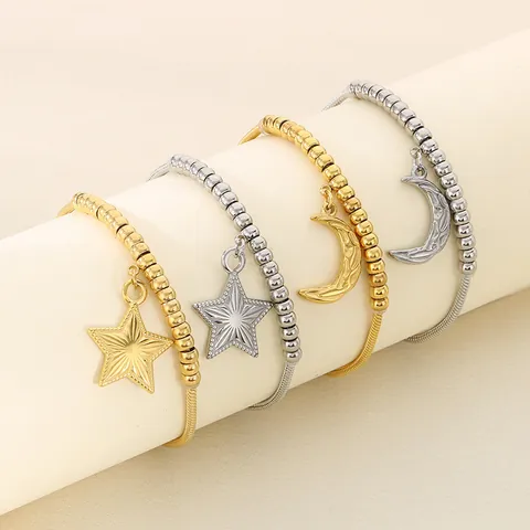 Bracciale In Acciaio Inossidabile Con Ciondolo Stella Luna Cursore Regolabile Catena A Serpente Perline Gioielli Da Donna