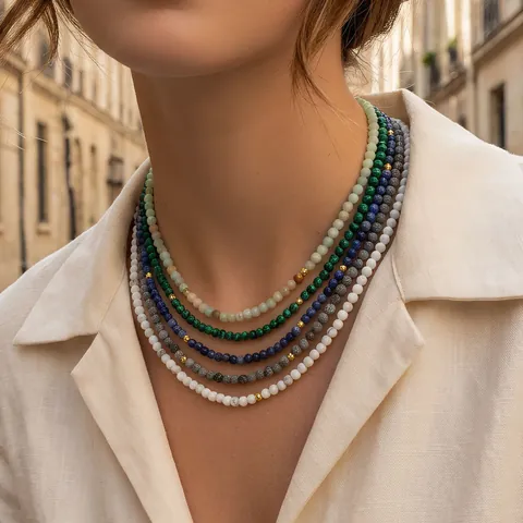 Retro Naturstein Rundperlen Halskette Malachit Amazonit Mode Lagenlook Choker Mit Goldlegierung Perlen Verlängerungskette