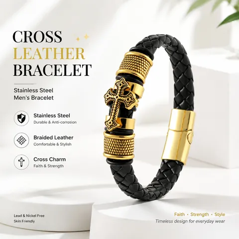 Pulsera De Cuero Trenzado Para Hombre Con Nudo De Infinito De Aleación Cruz Cierre Magnético Estilo Punk Regalo Para Hijo Nieto