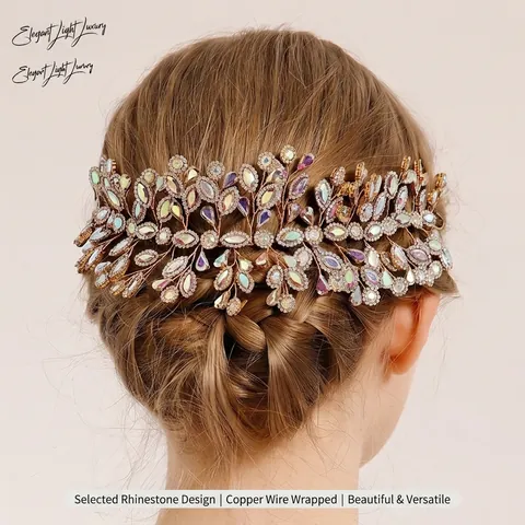 Luxuriöser Handgefertigter Metall Braut Haarreif Strass Blatt Haar Rebe Elegante Hochzeit Party Bankett Haar Styling Schmuck Für Damen