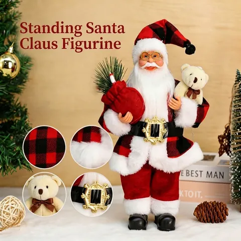 Stehender Weihnachtsmann Figur Mit Teddybär Rot Schwarz Karomuster Anzug Weihnachtsdekoration Für Festliche Hausdeko