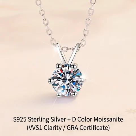 925 Sterlingsilber Moissanit Halskette D-Farbe 1 Karat Rundschliff Sechskant-Anhänger Zirkonia Schlüsselbeinkette Damen Schmuck