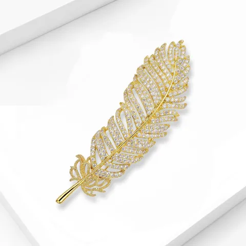 Luxus Kupfer Zirkonia Feder Brosche Für Damen Elegant Vergoldet Mikro Gefasst Anstecknadel Für Anzug Hochzeit Party Mode Schmuck