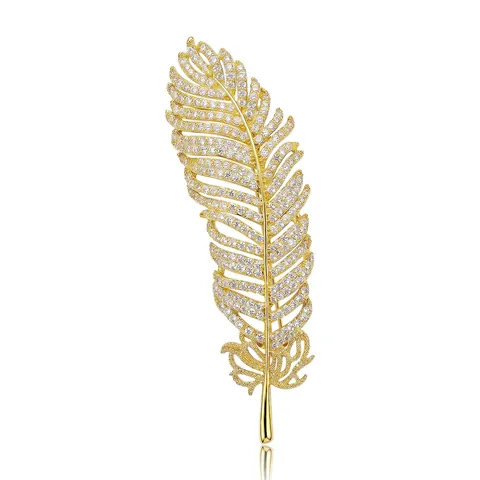 Luxus Kupfer Zirkonia Feder Brosche Für Damen Elegant Vergoldet Mikro Gefasst Anstecknadel Für Anzug Hochzeit Party Mode Schmuck