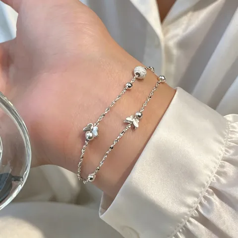 Bracciale Doppio Strato In Rame Con Farfalla E Perline Rotonde Lucide E Opache Gioielli Di Moda Delicati Per Donna