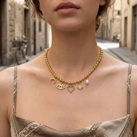 Koperen Vergulde Hanger Ketting Met Zirkonia Zoetwaterparel Boze Oog Hart Bedeltjes Bolletjesketting Voor Dames
