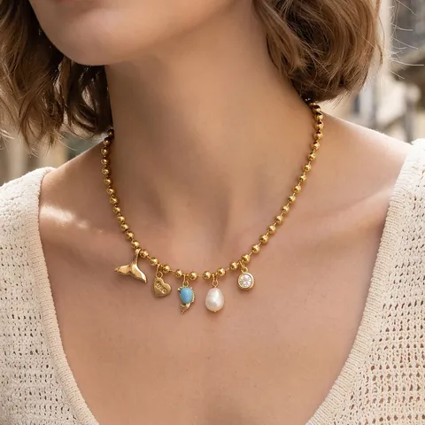 Koperen Vergulde Hanger Ketting Met Zirkonia Zoetwaterparel Boze Oog Hart Bedeltjes Bolletjesketting Voor Dames