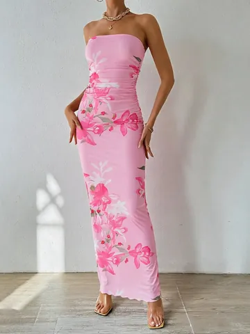 Robe Longue Bustier Mesh Froncée Moulante Imprimé Fleuri Coupe Ajustée Été Plage Vacances Soirée Sexy Pour Femmes