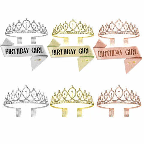 Couronne De Diadème En Strass Et Écharpe Birthday Girl Avec Épingle De Sûreté Pour Fête D'anniversaire Coiffure Élégante