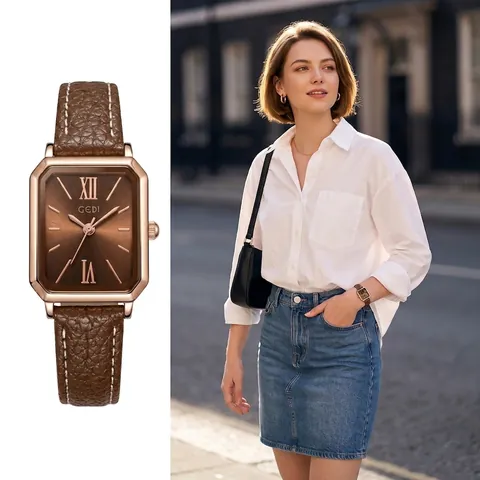 GEDI Damen Elegante Rechteckige Quarzuhr Retro Roségold Legierung Gehäuse Kunstleder Armband Wasserdicht Damen Armbanduhr Geschenk