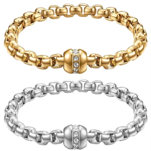 Stainless Steel Box Chain Bracelet 18K Gold Plated With Zircon Square Beads Geometric Fashion Jewelry Accessory For Women