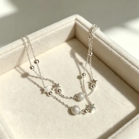 Bracelet Double Couche En Cuivre Plaqué Argent Pendentif Étoile Perles Dépolies Billes Polies Style Coréen Minimaliste