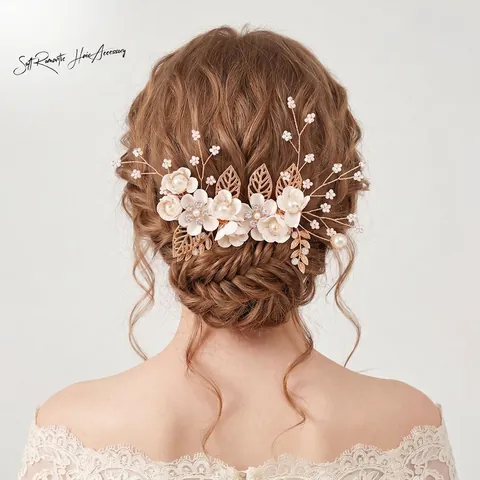 Pettine per Capelli da Sposa in Stile Foresta Fatto a Mano Con Perla Artificiale Strass Fiore in Tessuto Foglia d'Oro