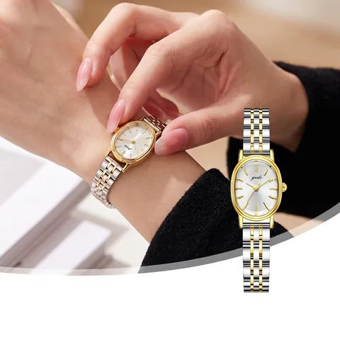 Elegant Dames Quartz Horloge Ovalen Analoge Wijzerplaat Tweekleurige Roestvrijstalen Band Waterbestendig Polshorloge