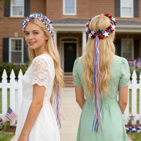 Patriotic Independence Day Star Garland Headring With Long Ribbons Red White Blue Hair Accessory For Festival Parade Party Decoration