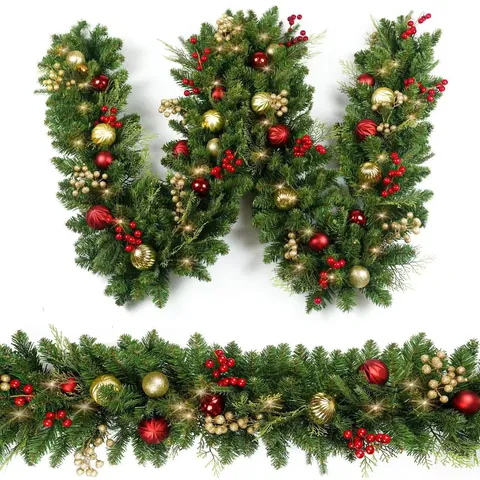 Artificial Christmas Garland Pre-lit With LED Lights Red Berries Ornaments For Holiday Party Mantle Staircase Decor