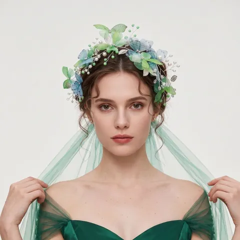 Diadema de Mariposa de Hada del Bosque Hecha a Mano Perla Artificial Verde Vid de Pelo de Mariposa Tocado para Sesión de Fotos Mujer