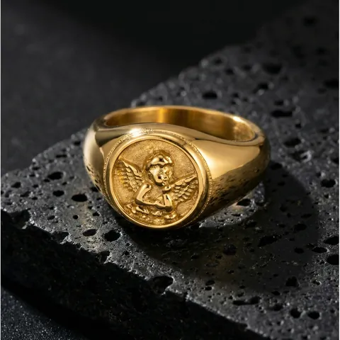 Anello a Sigillo in Acciaio Inossidabile Vintage Con Rilievo Angelo Cupido per Donna Retrò Placcato Oro Gioielli di Moda Festa