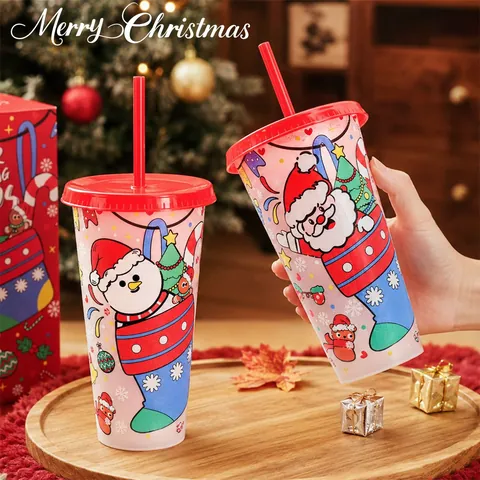 Kerst Koudegevoelige Kleurveranderende Plastic Beker Met Deksel En Rietje Kerstman Sneeuwpop Boom Patroon Beker Cadeau