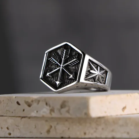 Anello con Sigillo Esagonale Uomo in Acciaio Inossidabile con Frecce Incrociate Gotico Vintage Annerito Titanio Punk Biker Gioielli