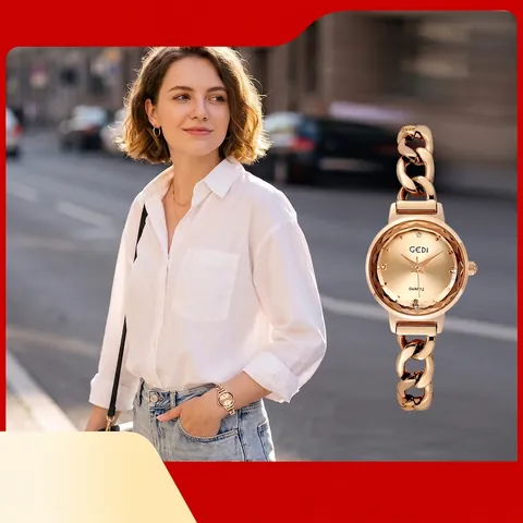 Orologio Al Quarzo Da Donna Elegante Lusso Marcatori In Strass Bracciale Catena Di Rame Moda