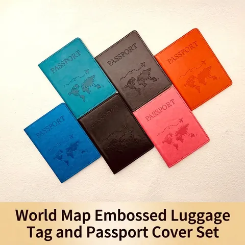 Urban Minimalist PU Leather Travel Passport Holder And Luggage Tag Set With World Map Embossing Airplane Pattern For Men Women