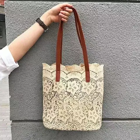 Sac Seau Tissé en Dentelle Ajourée pour Femmes Sac à Épaule de Plage Avec Pochette Intérieure Sac Fourre-Tout Bohème