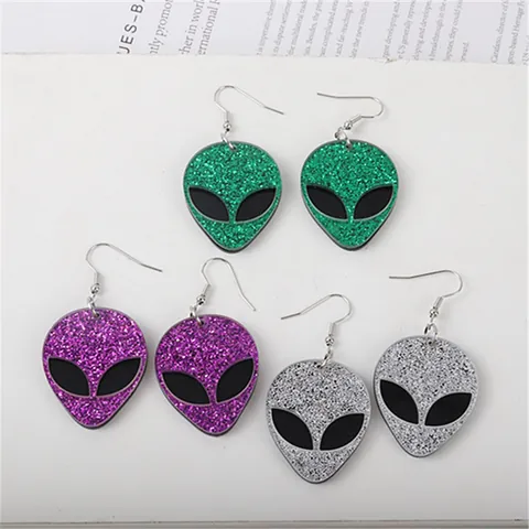 Personalisierte Mode Futuristische Silberne Pailletten Alien Geisterkopf Acryl Ohrringe Hip Hop Halloween Ohr Zubehör