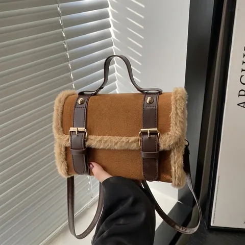 Bolso Cuadrado Pequeño para Mujer Piel Artificial Ante Patchwork Urbano Simple Cuero PU Bolso de Hombro Herrajes Dorados Diario