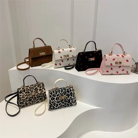 Women Fashion Corduroy Strawberry Leopard Print Crossbody Bag Small Square Shoulder Handbag With Metal Lock For Daily Wear